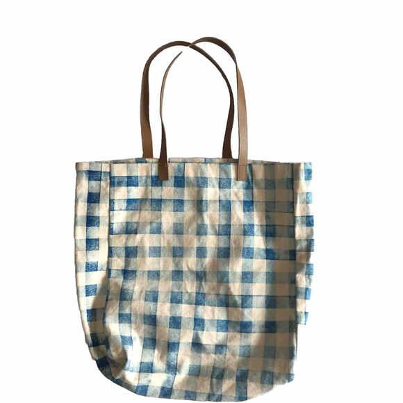 Utility Shoulder Tote Bag Blue & Ivory White Gingham Check Plaid Fabric Canvas - Picture 1 of 5
